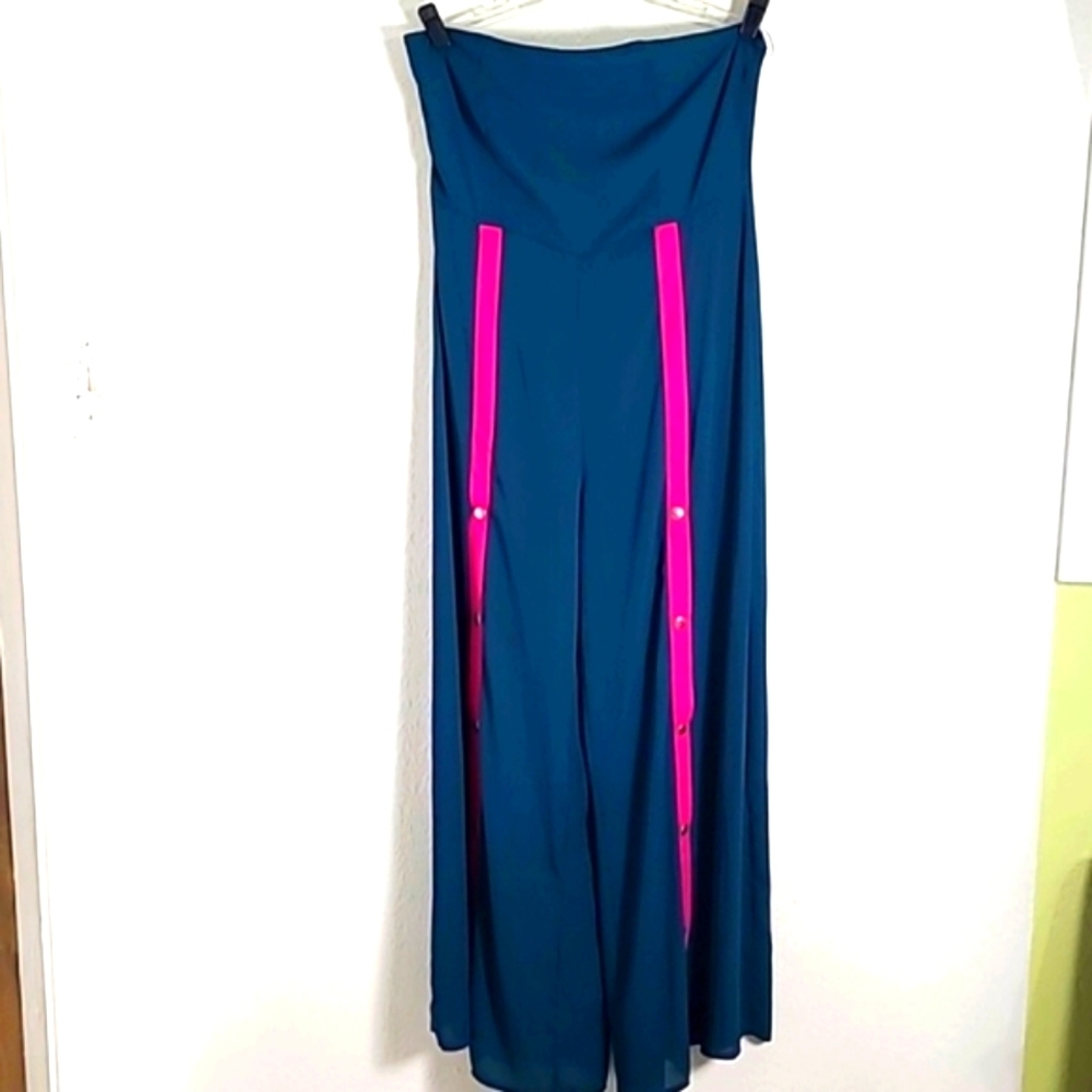 Pretty Little Thing Strapless Green Jumpsuit Pink Accent, Wide Leg Size 12, NWT - Picture 3 of 14